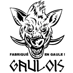 détails du t-shirt blanc manches longues sanglier Gaulois. Mention "fabriqué en Gaule".