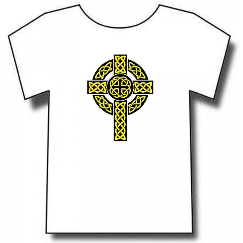Croix celtique chrétiennes . motif jaune sur fond noir. T-shirt Blanc.