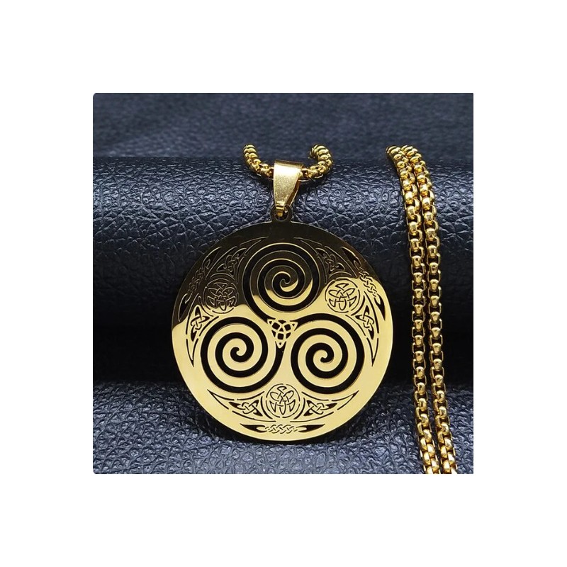 Collier avec pendentif Triskel celtique Gravé Doré Acier inoxydable chaine 50cm