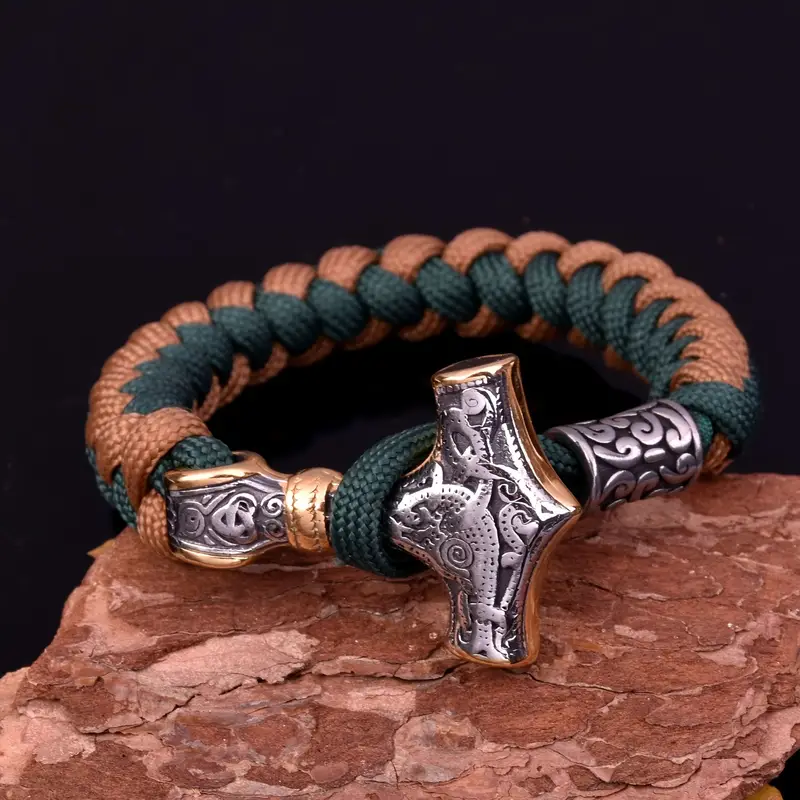Bracelet corde tressée fermoir Marteau de Thor 2 tons