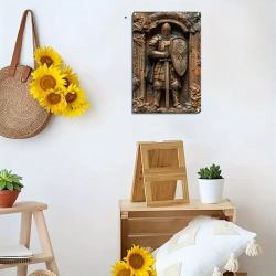 Plaque décoration murale Chevaliers médiéval. en Métal. En Situation au mur.