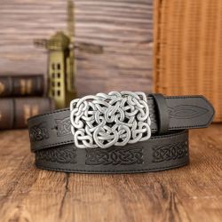 Ceinture Noire En Cuir PU Gaufré Celtique avec Boucle