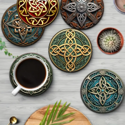 Dessous de Verres décors celtiques 8 pièces en Bois. Sur table.